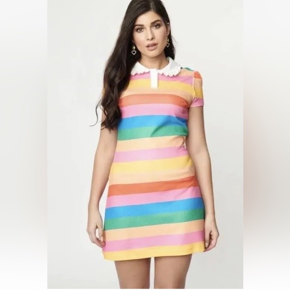 Unique Vintage size 1X RAINBOW PRIDE Striped Polo Puff sleeve Dress - Picture 1 of 7